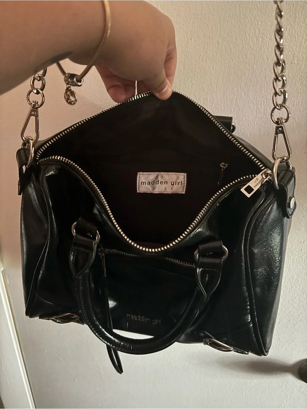 Madden Girl Black Shiny Satchel with Chain Strap